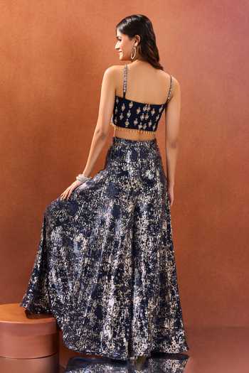 Samyukta Singhania_Blue Lycra, Net Embroidery, Sequins Square Neck Blouse Palazzo Set _Online_at_Aza_Fashions