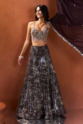 Samyukta Singhania Black Lycra, Net Sweetheart Neck Sequin Embroidered Lehenga Set at Aza Fashions Samyukta Singhania_Black Lycra, Net Sweetheart Neck Sequin Embroidered Lehenga Set _at_Aza_Fashions
