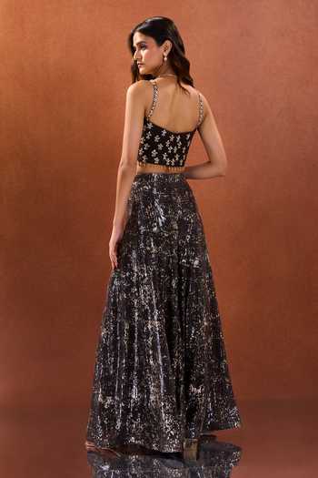 Samyukta Singhania_Brown Lycra, Net Sequins Sweetheart Neck Floral Embroidered Blouse Palazzo Set _Online_at_Aza_Fashions