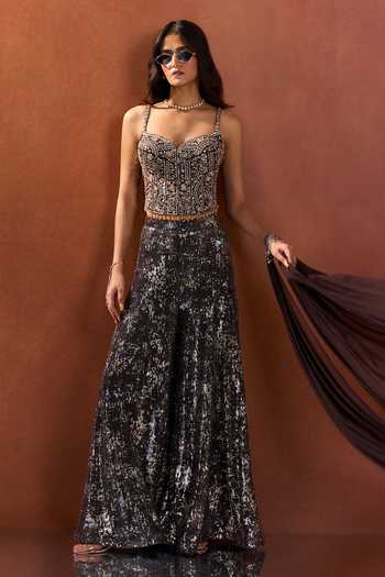 Buy_Samyukta Singhania_Brown Lycra, Net Sequins Sweetheart Neck Floral Embroidered Blouse Palazzo Set _Online_at_Aza_Fashions