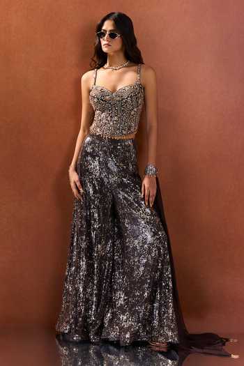 Shop_Samyukta Singhania_Brown Lycra, Net Sequins Sweetheart Neck Floral Embroidered Blouse Palazzo Set _Online_at_Aza_Fashions