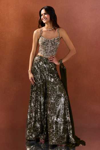 Shop Samyukta Singhania Green Lycra, Net Sequins Sweetheart Neck Embroidered Blouse Palazzo Set Online at Aza Fashions Shop_Samyukta Singhania_Green Lycra, Net Sequins Sweetheart Neck Embroidered Blouse Palazzo Set _Online_at_Aza_Fashions