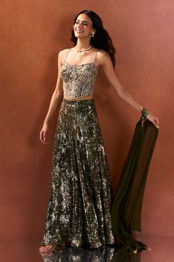 Samyukta Singhania Green Lycra, Net Sequins Sweetheart Neck Embroidered Blouse Palazzo Set at Aza Fashions Samyukta Singhania_Green Lycra, Net Sequins Sweetheart Neck Embroidered Blouse Palazzo Set _at_Aza_Fashions