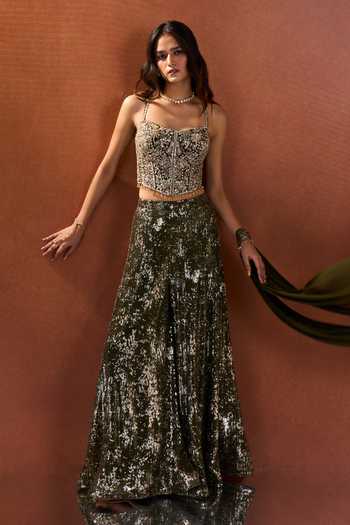Buy Samyukta Singhania Green Lycra, Net Sequins Sweetheart Neck Embroidered Blouse Palazzo Set Buy_Samyukta Singhania_Green Lycra, Net Sequins Sweetheart Neck Embroidered Blouse Palazzo Set