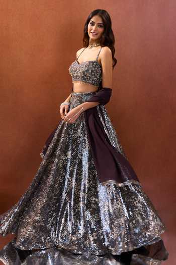 Shop Samyukta Singhania Silver Lycra, Net Sweetheart Neck Sequin Work Blouse Lehenga Set Shop_Samyukta Singhania_Silver Lycra, Net Sweetheart Neck Sequin Work Blouse Lehenga Set