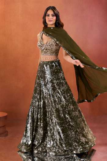 Buy_Samyukta Singhania_Green Lycra, Net V-neck Embroidered Blouse Lehenga Set _Online_at_Aza_Fashions