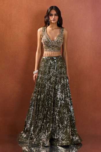 Shop_Samyukta Singhania_Green Lycra, Net V-neck Embroidered Blouse Lehenga Set 