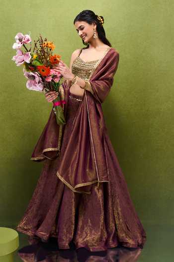 Shop_Samyukta Singhania_Maroon Jacquard Sweetheart Neck Woven Lehenga Set 