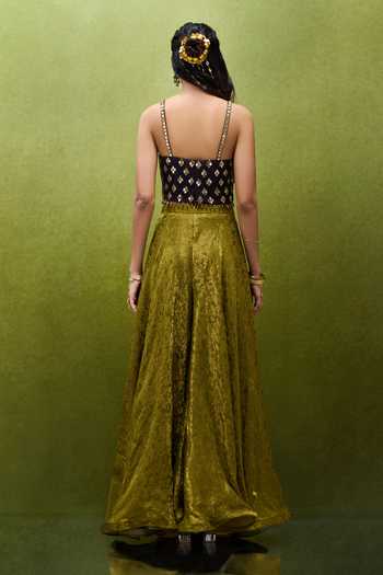 Samyukta Singhania Green Jacquard Sweetheart Neck Embroidered Blouse Palazzo Set Online at Aza Fashions Samyukta Singhania_Green Jacquard Sweetheart Neck Embroidered Blouse Palazzo Set _Online_at_Aza_Fashions