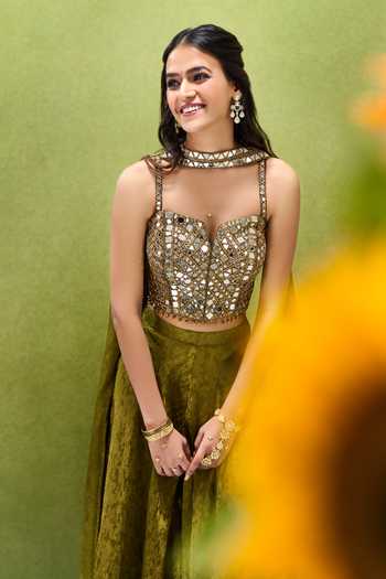 Shop Samyukta Singhania Green Jacquard Sweetheart Neck Embroidered Blouse Palazzo Set Shop_Samyukta Singhania_Green Jacquard Sweetheart Neck Embroidered Blouse Palazzo Set