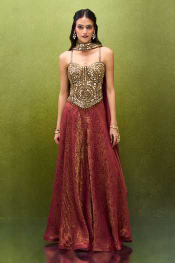Shop Samyukta Singhania Maroon Jacquard Sweetheart Neck Woven Lehenga Set Shop_Samyukta Singhania_Maroon Jacquard Sweetheart Neck Woven Lehenga Set