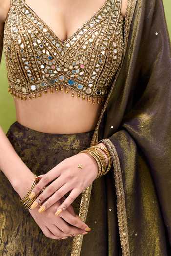 Shop_Samyukta Singhania_Brown Jacquard V-neck Abstract Woven Lehenga Set _Online_at_Aza_Fashions