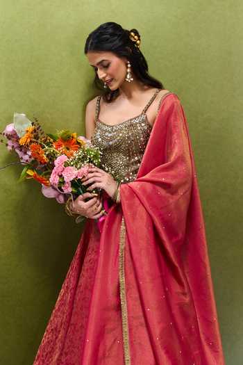 Shop Samyukta Singhania Pink Jacquard Scoop Neck Geometric Woven Lehenga Set Online at Aza Fashions Shop_Samyukta Singhania_Pink Jacquard Scoop Neck Geometric Woven Lehenga Set _Online_at_Aza_Fashions