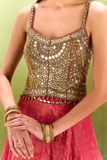 Shop Samyukta Singhania Pink Jacquard Scoop Neck Geometric Woven Lehenga Set Shop_Samyukta Singhania_Pink Jacquard Scoop Neck Geometric Woven Lehenga Set