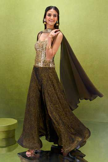 Buy_Samyukta Singhania_Green Jacquard Beads, Mirrors Sweetheart Neck Work Corset Palazzo Set _Online_at_Aza_Fashions