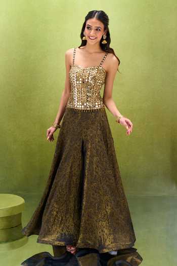 Shop_Samyukta Singhania_Green Jacquard Beads, Mirrors Sweetheart Neck Work Corset Palazzo Set _Online_at_Aza_Fashions
