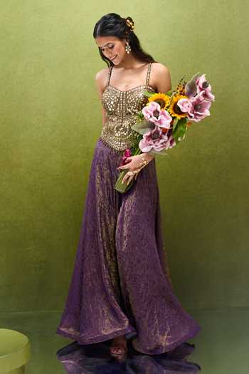 Buy Samyukta Singhania Purple Jacquard Zari, Stones, Mirrors, Foil Embroidered Corset And Palazzo Set Online at Aza Fashions Buy_Samyukta Singhania_Purple Jacquard Zari, Stones, Mirrors, Foil Embroidered Corset And Palazzo Set _Online_at_Aza_Fashions