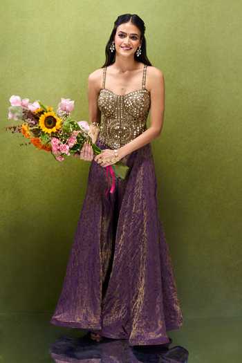 Shop Samyukta Singhania Purple Jacquard Zari, Stones, Mirrors, Foil Embroidered Corset And Palazzo Set Online at Aza Fashions Shop_Samyukta Singhania_Purple Jacquard Zari, Stones, Mirrors, Foil Embroidered Corset And Palazzo Set _Online_at_Aza_Fashions