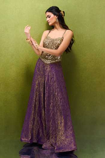 Samyukta Singhania Purple Jacquard Zari, Stones, Mirrors, Foil Embroidered Corset And Palazzo Set at Aza Fashions Samyukta Singhania_Purple Jacquard Zari, Stones, Mirrors, Foil Embroidered Corset And Palazzo Set _at_Aza_Fashions