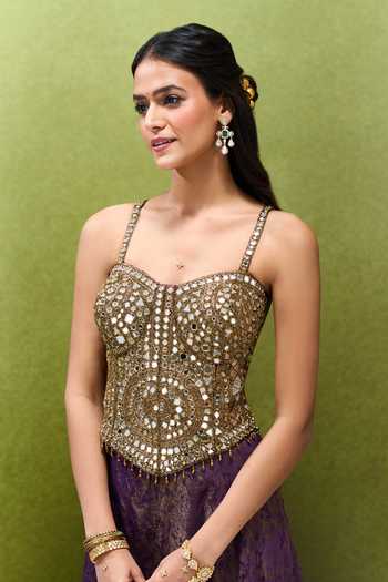 Buy Samyukta Singhania Purple Jacquard Zari, Stones, Mirrors, Foil Embroidered Corset And Palazzo Set Buy_Samyukta Singhania_Purple Jacquard Zari, Stones, Mirrors, Foil Embroidered Corset And Palazzo Set