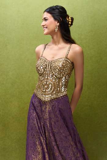 Shop Samyukta Singhania Purple Jacquard Zari, Stones, Mirrors, Foil Embroidered Corset And Palazzo Set Shop_Samyukta Singhania_Purple Jacquard Zari, Stones, Mirrors, Foil Embroidered Corset And Palazzo Set