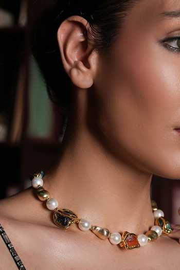Shop Cao Jewellery White Tourmaline Carnelian Shell Pearl Necklace at Aza Fashions Shop_Cao Jewellery_White Tourmaline Carnelian Shell Pearl Necklace _at_Aza_Fashions
