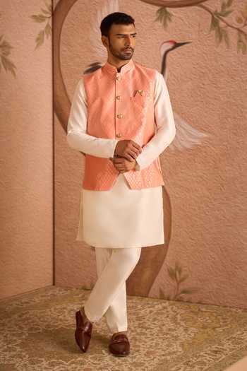 Buy Arihant Rai Sinha Cream Silk, Brocade Geometric Pattern Nehru Jacket Set Buy_Arihant Rai Sinha_Cream Silk, Brocade Geometric Pattern Nehru Jacket Set