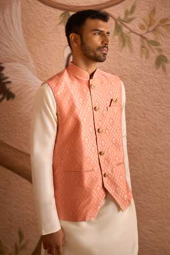 Shop Arihant Rai Sinha Cream Silk, Brocade Geometric Pattern Nehru Jacket Set Shop_Arihant Rai Sinha_Cream Silk, Brocade Geometric Pattern Nehru Jacket Set