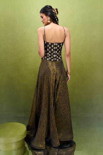 Samyukta Singhania_Green Jacquard Beads, Mirrors Sweetheart Neck Work Corset Palazzo Set _Online_at_Aza_Fashions