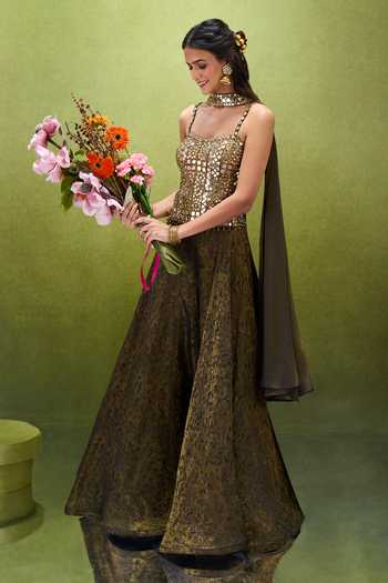 Samyukta Singhania_Green Jacquard Beads, Mirrors Sweetheart Neck Work Corset Palazzo Set _at_Aza_Fashions