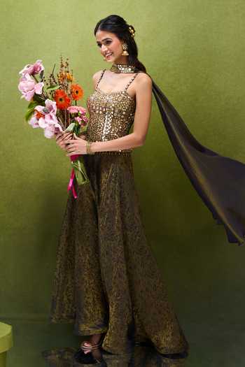 Shop_Samyukta Singhania_Green Jacquard Beads, Mirrors Sweetheart Neck Work Corset Palazzo Set 