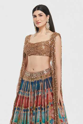 Abhinav Mishra Multi Color Net, Organza Square Neck Printed Lehenga And Blouse Set Online at Aza Fashions Abhinav Mishra_Multi Color Net, Organza Square Neck Printed Lehenga And Blouse Set _Online_at_Aza_Fashions