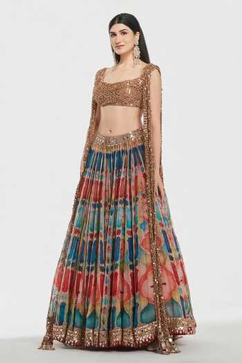 Buy Abhinav Mishra Multi Color Net, Organza Square Neck Printed Lehenga And Blouse Set Online at Aza Fashions Buy_Abhinav Mishra_Multi Color Net, Organza Square Neck Printed Lehenga And Blouse Set _Online_at_Aza_Fashions