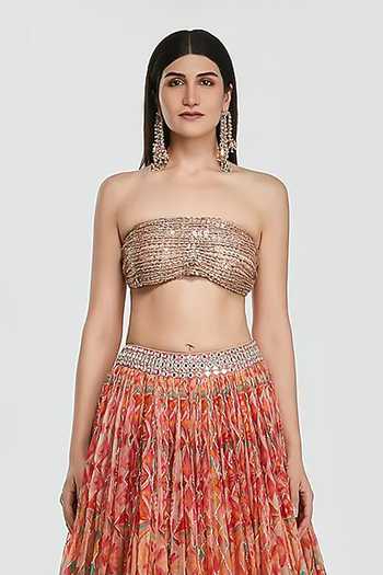 Abhinav Mishra_Multi Color Net, Organza Bandeau Neck Geometric Print Lehenga And Blouse Set _Online_at_Aza_Fashions