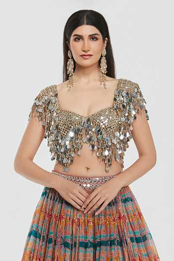 Abhinav Mishra Multi Color Net, Organza Sweetheart Neck Mirror Work Blouse And Lehenga Set Online at Aza Fashions Abhinav Mishra_Multi Color Net, Organza Sweetheart Neck Mirror Work Blouse And Lehenga Set _Online_at_Aza_Fashions