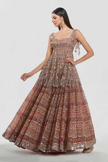 Abhinav Mishra Brown Organza Square Neck Mirror Work Peplum Top And Lehenga Set Online at Aza Fashions Abhinav Mishra_Brown Organza Square Neck Mirror Work Peplum Top And Lehenga Set _Online_at_Aza_Fashions