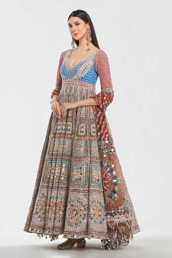 Abhinav Mishra_Multi Color Chanderi, Net Plunge Neck Embroidered Anarkali With Dupatta _Online_at_Aza_Fashions