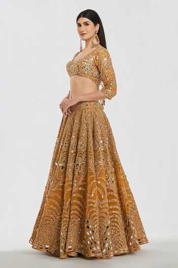 Abhinav Mishra_Yellow Net, Chanderi, Organza Scoop Neck Gota Embellished Lehenga Set _Online_at_Aza_Fashions