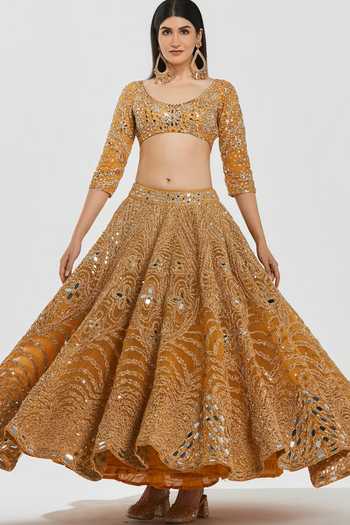 Buy_Abhinav Mishra_Yellow Net, Chanderi, Organza Scoop Neck Gota Embellished Lehenga Set _Online_at_Aza_Fashions
