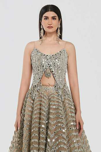 Abhinav Mishra Gold Net Sweetheart Neck Mirror Work Blouse And Lehenga Set Online at Aza Fashions Abhinav Mishra_Gold Net Sweetheart Neck Mirror Work Blouse And Lehenga Set _Online_at_Aza_Fashions