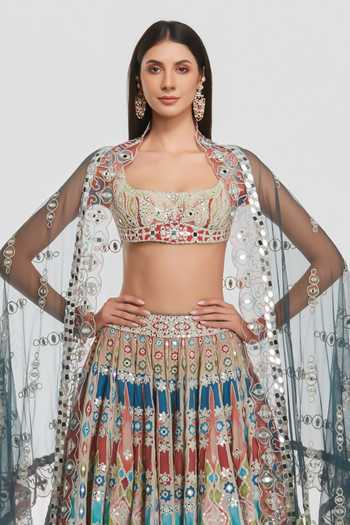 Abhinav Mishra Multi Color Chanderi, Net Square Neck Mirror Work Flared Lehenga Set Online at Aza Fashions Abhinav Mishra_Multi Color Chanderi, Net Square Neck Mirror Work Flared Lehenga Set _Online_at_Aza_Fashions