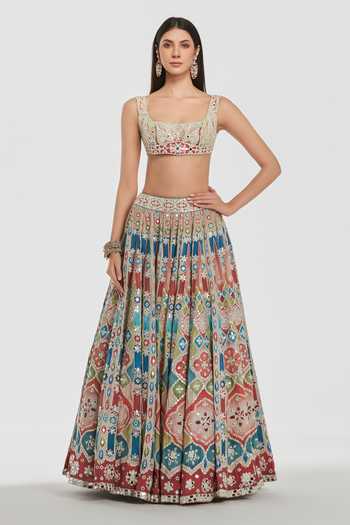 Buy Abhinav Mishra Multi Color Chanderi, Net Square Neck Mirror Work Flared Lehenga Set Online at Aza Fashions Buy_Abhinav Mishra_Multi Color Chanderi, Net Square Neck Mirror Work Flared Lehenga Set _Online_at_Aza_Fashions