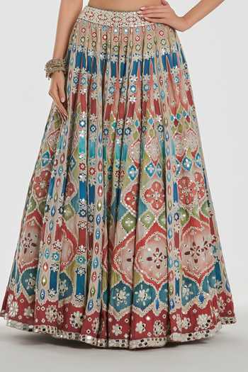 Shop Abhinav Mishra Multi Color Chanderi, Net Square Neck Mirror Work Flared Lehenga Set Online at Aza Fashions Shop_Abhinav Mishra_Multi Color Chanderi, Net Square Neck Mirror Work Flared Lehenga Set _Online_at_Aza_Fashions