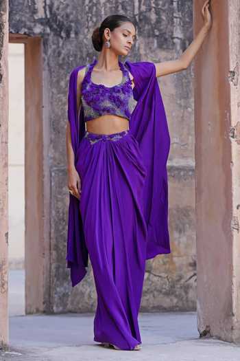 Vrinda Soni Purple Crepe Sweetheart Neck The Lichen Cape And Skirt Set Online at Aza Fashions Vrinda Soni_Purple Crepe Sweetheart Neck The Lichen Cape And Skirt Set _Online_at_Aza_Fashions