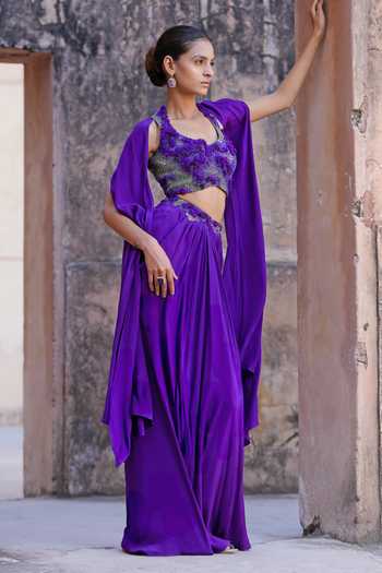 Buy Vrinda Soni Purple Crepe Sweetheart Neck The Lichen Cape And Skirt Set Online at Aza Fashions Buy_Vrinda Soni_Purple Crepe Sweetheart Neck The Lichen Cape And Skirt Set _Online_at_Aza_Fashions