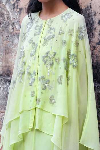 Vrinda Soni Green Georgette Round Neck The Cascade Cape And Flared Pant Set Online at Aza Fashions Vrinda Soni_Green Georgette Round Neck The Cascade Cape And Flared Pant Set _Online_at_Aza_Fashions