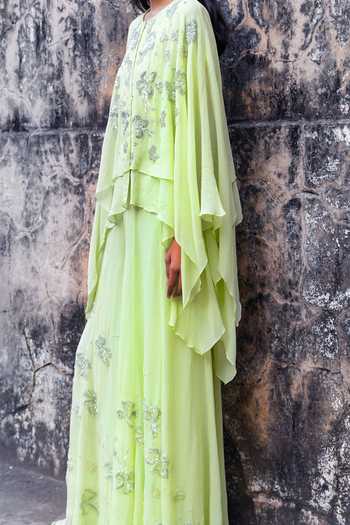 Buy Vrinda Soni Green Georgette Round Neck The Cascade Cape And Flared Pant Set Online at Aza Fashions Buy_Vrinda Soni_Green Georgette Round Neck The Cascade Cape And Flared Pant Set _Online_at_Aza_Fashions
