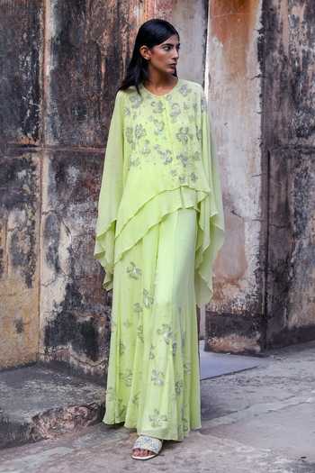 Shop Vrinda Soni Green Georgette Round Neck The Cascade Cape And Flared Pant Set Online at Aza Fashions Shop_Vrinda Soni_Green Georgette Round Neck The Cascade Cape And Flared Pant Set _Online_at_Aza_Fashions