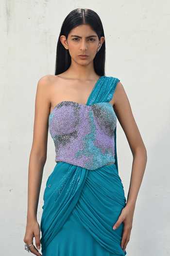 Vrinda Soni Blue Tulle, Satin, Georgette Sequins, The Mineral Pre-draped Saree Skirt Set Online at Aza Fashions Vrinda Soni_Blue Tulle, Satin, Georgette Sequins, The Mineral Pre-draped Saree Skirt Set _Online_at_Aza_Fashions