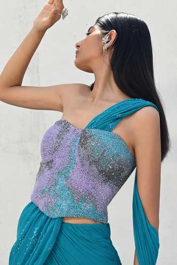 Buy Vrinda Soni Blue Tulle, Satin, Georgette Sequins, The Mineral Pre-draped Saree Skirt Set Online at Aza Fashions Buy_Vrinda Soni_Blue Tulle, Satin, Georgette Sequins, The Mineral Pre-draped Saree Skirt Set _Online_at_Aza_Fashions